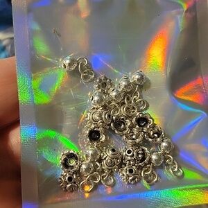 Silver Tone Dangle Charms & Spacers, Bead Caps; Holographic Pouch